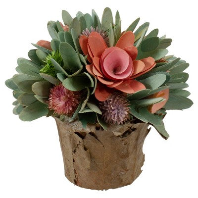 Northlight 7.75" Pink And Green Wooden Floral Artificial Potted Centerpiece