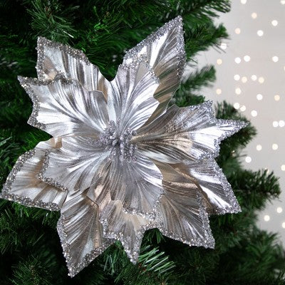  Northlight 24" Metallic Silver Poinsettia Christmas Stem Spray