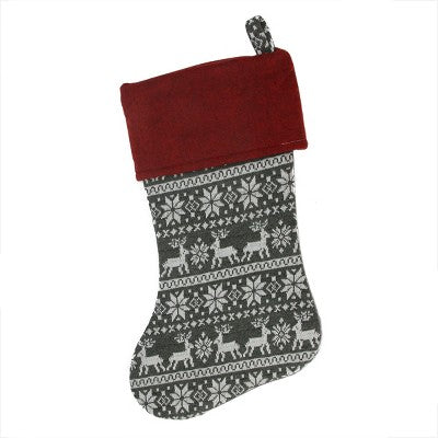 Northlight 19" Festive Grey, White And Red Snowflakes & Reindeer Knit Christmas Stocking