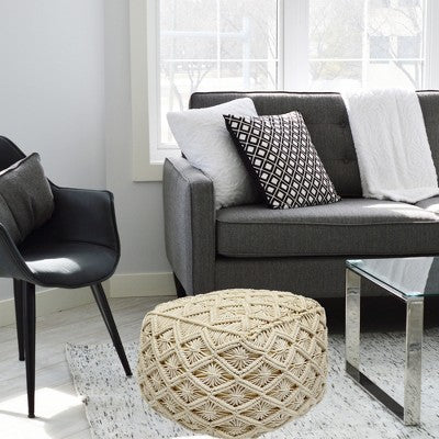  Northlight 18" Beige Handmade Macramé Natural Cotton Square Pouf Ottoman