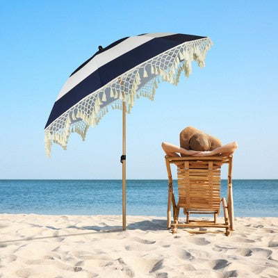  Northlight Striped Outdoor Tilting Macrame Boho Beach Market Umbrella - 6.5' - Blue And White
