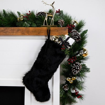  Northlight Sable Faux Fur Christmas Stocking With Pom Poms - 20.5" - Black