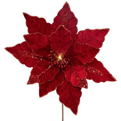  Northlight 20" Lighted Red Velvet Poinsettia Christmas Stem Spray