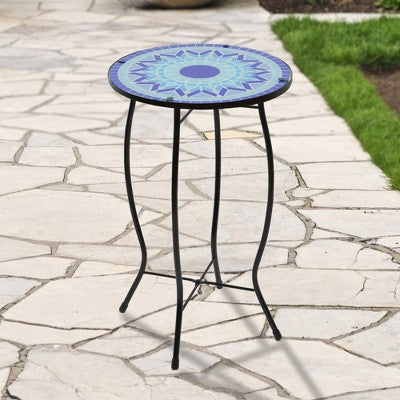  Northlight 19" Blue Sun Mosaic Glass Patio Side Table