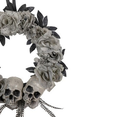  Northlight Double Skull And Gray Roses Halloween Wreath, 16-Inch, Unlit