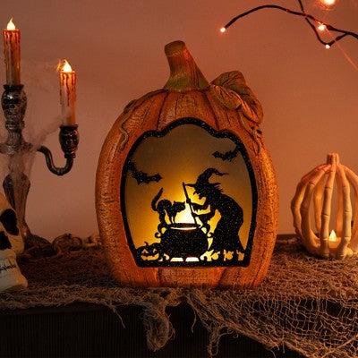  Northlight Witch Stirring Flickering Cauldron Scene Inside Pumpkin Halloween Decoration - 13" - LED Orange Light