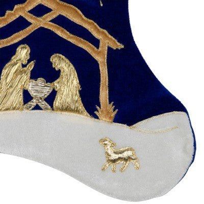  Northlight 20.5" Blue And Gold Nativity Scene Christmas Stocking With Gold Cuff