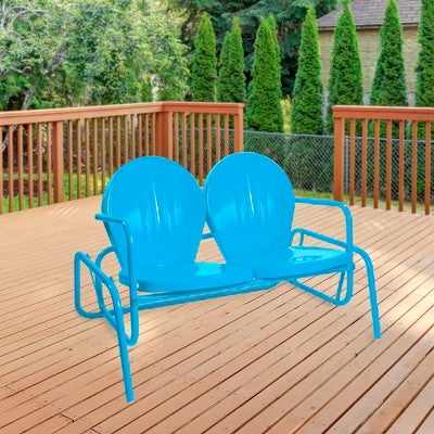  Northlight 2-Person Outdoor Retro Metal Tulip Double Glider Patio Chair, Turquoise Blue