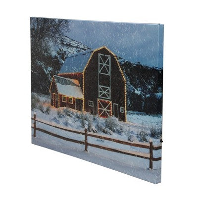 Northlight LED Fiber Optic Snowy Red Barn Christmas Canvas Wall Art 15.75" X 12"