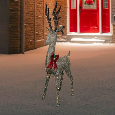  Northlight 74" LED Lighted Champagne Deer With Red Bow Outdoor Christmas Decoration