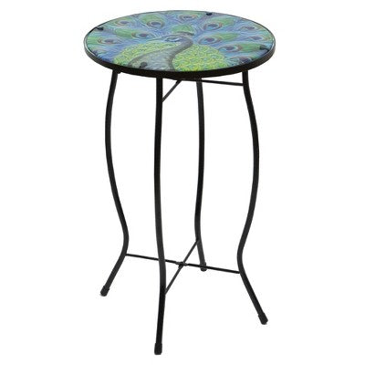  Northlight 19" Blue And Green Peacock Glass Patio Side Table