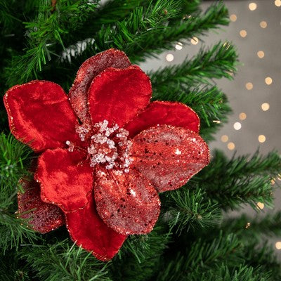  Northlight 18" Red Magnolia Glittered Christmas Stem Spray