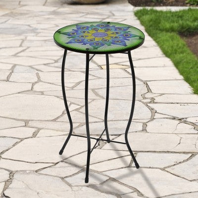  Northlight 19" Green And Blue Peacock Flower Tail Glass Patio Side Table