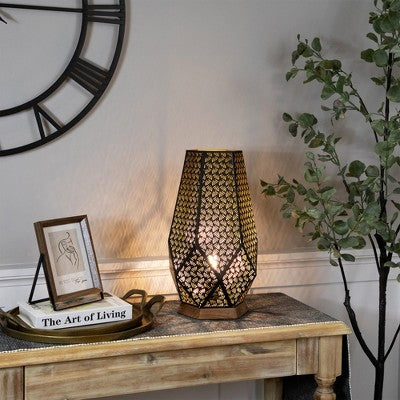  Northlight Laser-Cut Leaf Pattern Iron Table Lamp With Wood Base - 16.5" - Black And Gold