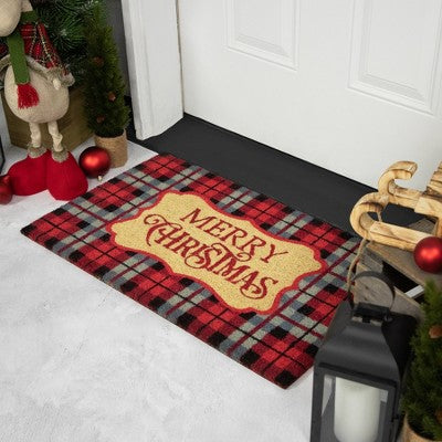  Northlight Red And Black Plaid "Merry Christmas" Rectangular Doormat 18" X 30"