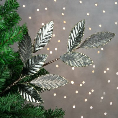  Northlight 28" Gray Glitter Textured Leaves Christmas Spray