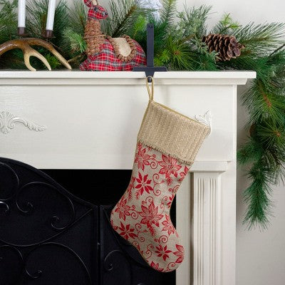  Northlight 20" Tan And Red Rustic Burlap Poinsettia Christmas Stocking