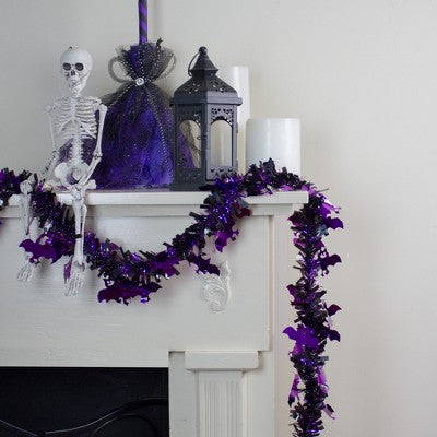  Northlight Black With Purple Bats Halloween Tinsel Garland - 50 Feet, Unlit