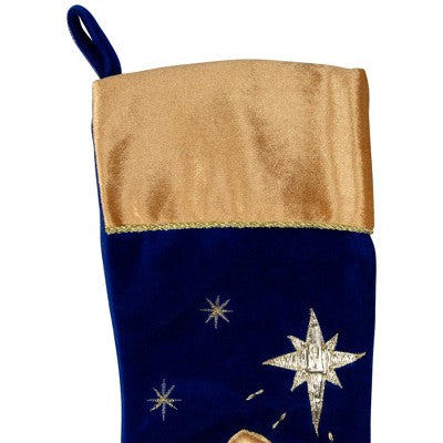  Northlight 20.5" Blue And Gold Nativity Scene Christmas Stocking With Gold Cuff