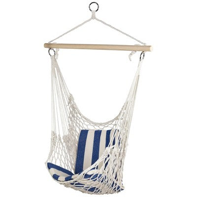  Northlight Macrame Cotton Hammock Chair With Striped Cushion - 46" X 35.25" - Cream And Blue