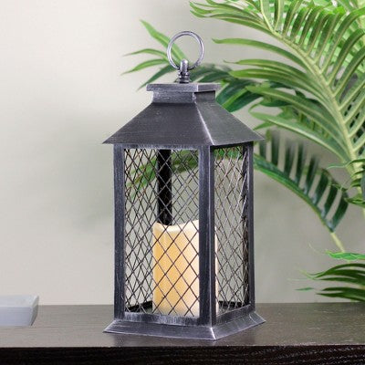  Northlight 11" Silver Brushed Black Mesh Candle Lantern With Flameless LED Candle