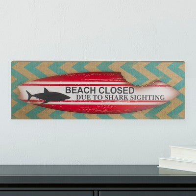  Northlight Rectangular Burlap Covered "Beach Closed" Shark Bite Surfboard Wall Art 24"