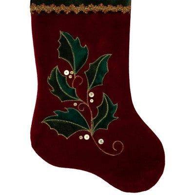  Northlight 21" Red And Green Holly Embroidered Velvet Christmas Stocking