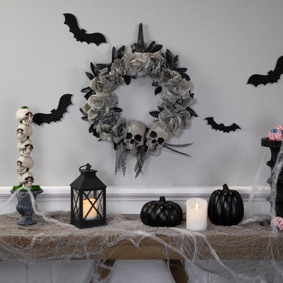  Northlight Double Skull And Gray Roses Halloween Wreath, 16-Inch, Unlit