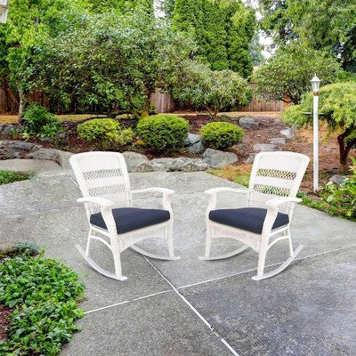  Northlight 42" White Resin Wicker Rocker Chair With Blue Cushion