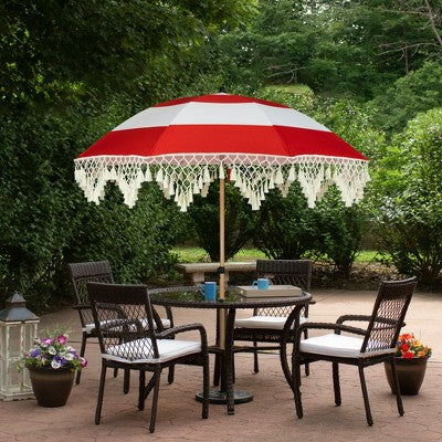  Northlight Striped Outdoor Macrame Boho Beach Market Umbrella With Tiltt- 6.5' - Red And White