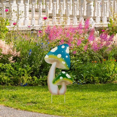  Northlight Double Spotted Mushrooms Outdoor Garden Stake - 16" - Blue And Green
