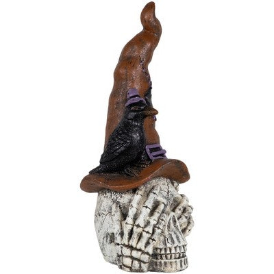 Northlight Skull In Witches Hat With Crow Halloween Decoration - 22.75"