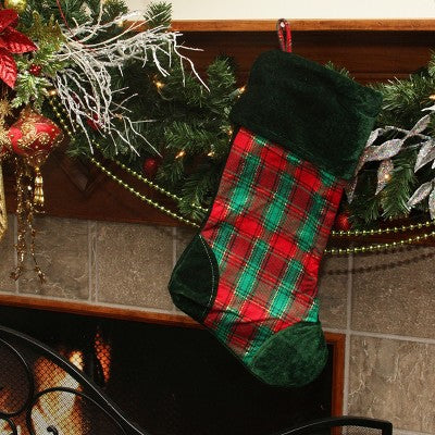 Northlight 19" Christmas Traditions Green, Red And Gold Woven Plaid And Velvet Stocking