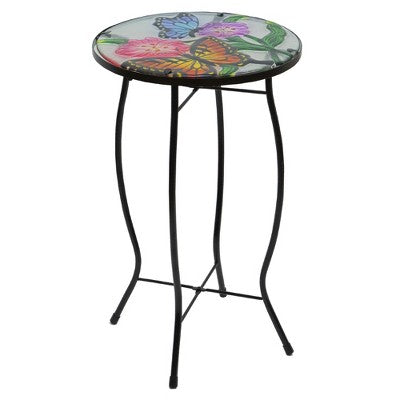  Northlight 19" Floral And Butterfly Glass Patio Side Table