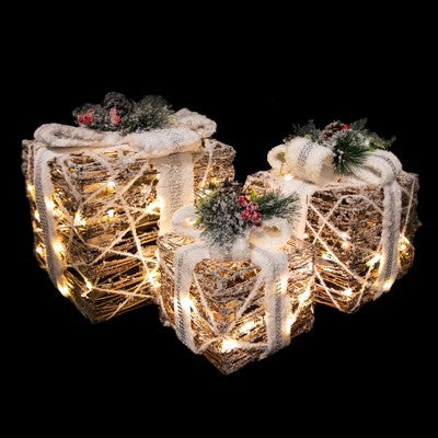  Northlight LED Lighted Gift Boxes With Pine And Berries Christmas Decorations - 9.75" - Set Of 3