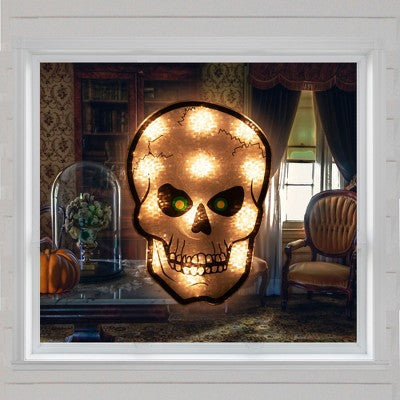  Northlight Lighted Holographic Halloween Skull Window Silhouette - 12" - Clear Lights