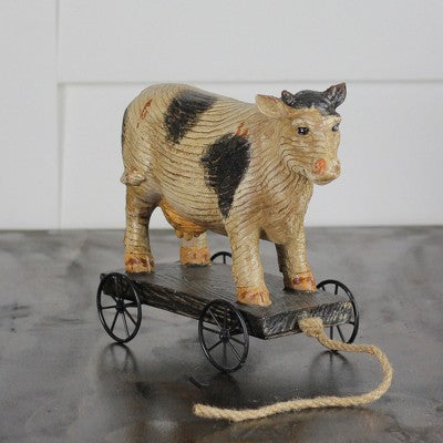  Northlight 10.25" Black And White Wood Textured Cow On Cart Outdoor Garden Statue