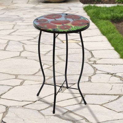  Northlight 19" Red Floral Poppies Glass Patio Side Table