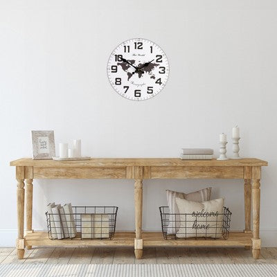  Northlight 12" White And Black Battery Operated Round Wall Clock With Continent Design