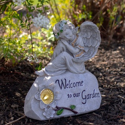  Northlight 9.25" Gray Solar Powered "Welcome To Our Garden" Angel Outdoor Garden Statue