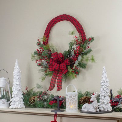  Northlight Red And Black Buffalo Plaid And Berry Artificial Christmas Wreath - 24-Inch, Unlit