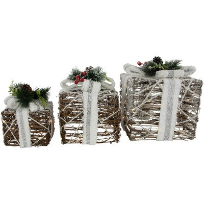  Northlight LED Lighted Gift Boxes With Pine And Berries Christmas Decorations - 9.75" - Set Of 3