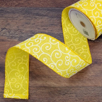  Northlight Yellow White Swirl Design Wired Craft Ribbon 7/8" X 10 Yards