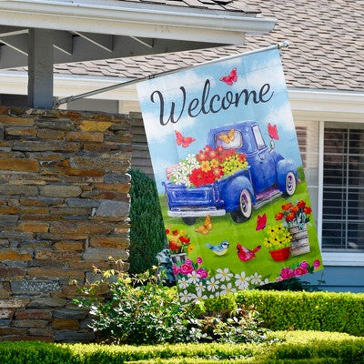  Northlight Welcome Blue Pickup Truck With Flowers Outdoor House Flag 28" X 40"