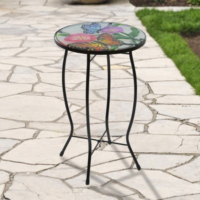  Northlight 19" Floral And Butterfly Glass Patio Side Table