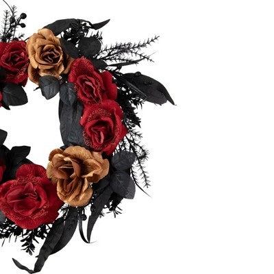  Northlight Red And Gold Roses With Black Foliage Halloween Wreath, 22-Inch, Unlit