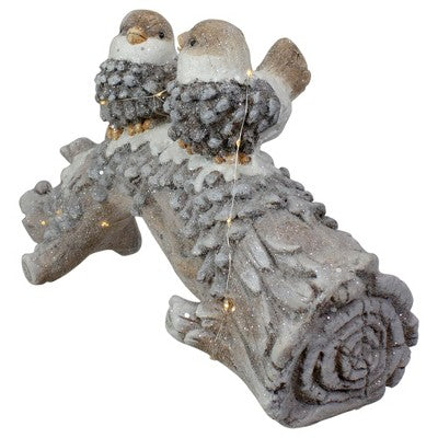  Northlight LED Lighted Rustic Glittered Birds On A Snowy Log Christmas Decoration - 18"