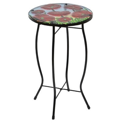  Northlight 19" Red Floral Poppies Glass Patio Side Table