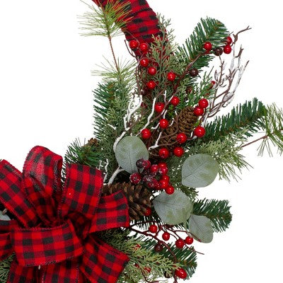  Northlight Red And Black Buffalo Plaid And Berry Artificial Christmas Wreath - 24-Inch, Unlit