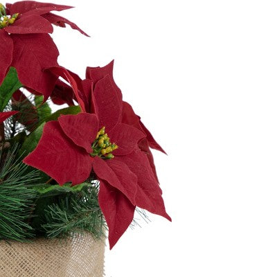  Northlight 13.5" Red Poinsettia With Pine Cones Artificial Christmas Floral Arrangement